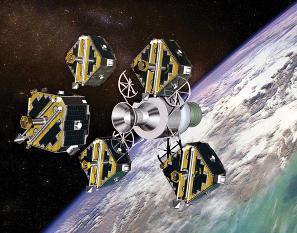 The five THEMIS spacecraft are released from the carrier after being launched together.